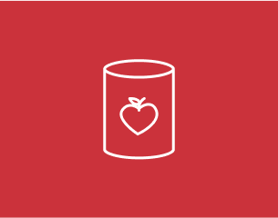 A simplistic white outline of a strawberry on a tomato can is depicted against a red background.