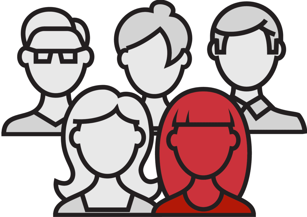 A group of stylized, cartoonish figures with varying hairstyles and no facial features is depicted against a plain background.