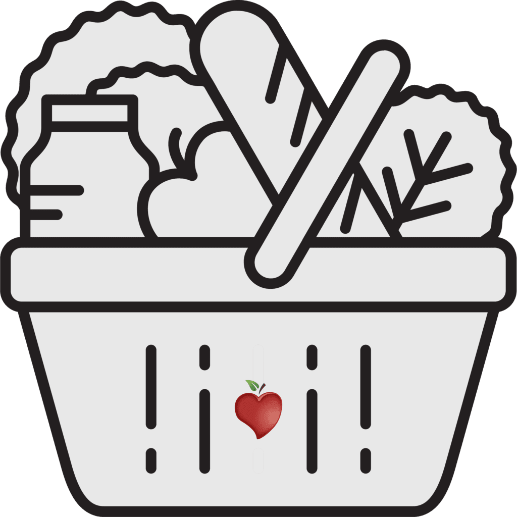 A digital graphic of a picnic basket filled with food such as a baguette and vegetables, adorned with a small red strawberry emblem.